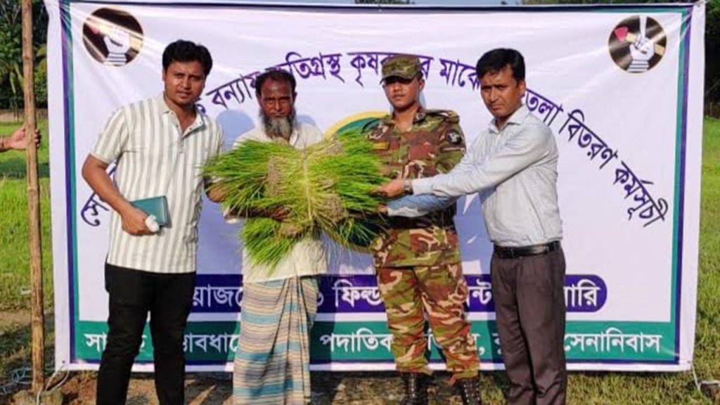 সুবর্ণচরে বন্যায় ক্ষতিগ্রস্ত কৃষকের মাঝে সেনাবাহিনীর ধানের চারা বিতরণ
