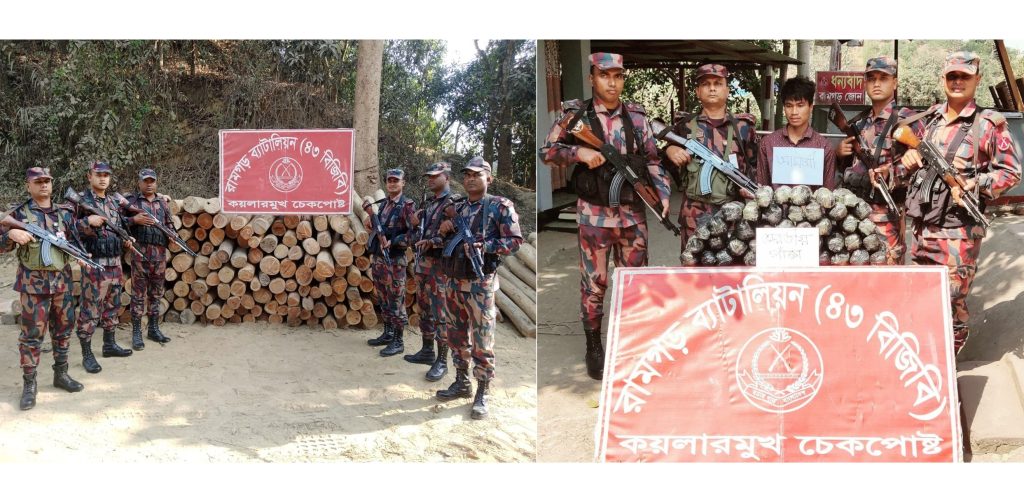 চেকপোষ্টে পৃথক তল্লাশী বিজিবির: ১৬৬.৬৮ ঘনফুট কাঠ ও ২৫ কেজি গাঁজাসহ আটক ১