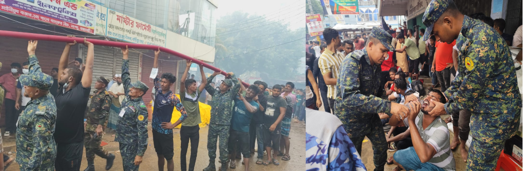 রাঙামাটির লংগদুতে মাইনী বাজারে অগ্নিকাণ্ড, নির্বাপন ও উদ্ধার অভিযানে আনসার