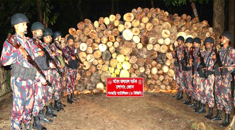 অবৈধভাবে পাচারকালে পানছড়িতে বিজিবির অভিযানে বিপুল পরিমাণ সেগুন–গামারী কাঠ জব্দ