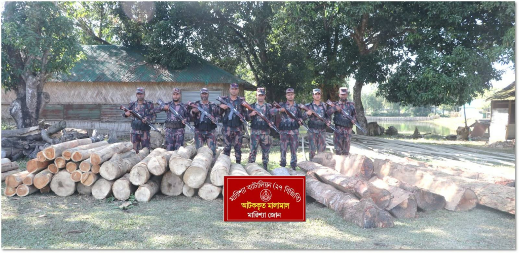 বাঘাইছড়ির মারিশ্যায় বিজিবির অভিযানে বিপুল পরিমাণ অবৈধ কাঠ জব্দ