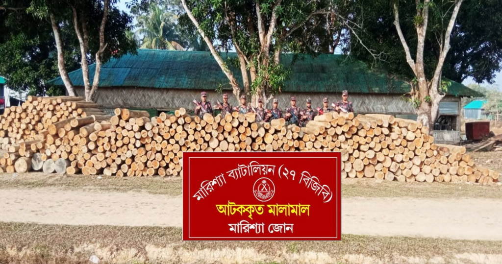 বাঘাইছড়ির পাহাড়ে বিজিবির বড় অভিযান, সাড়ে চারশ ঘনফুট অবৈধ সেগুন কাঠ জব্দ