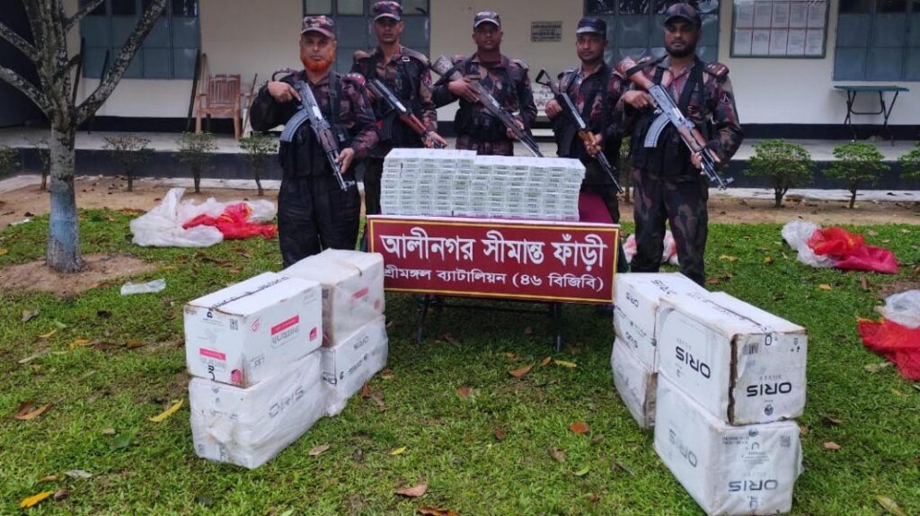 মৌলভীবাজার সীমান্তে বিজিবির অভিযানে বিপুল পরিমাণ বিদেশি সিগারেট জব্দ