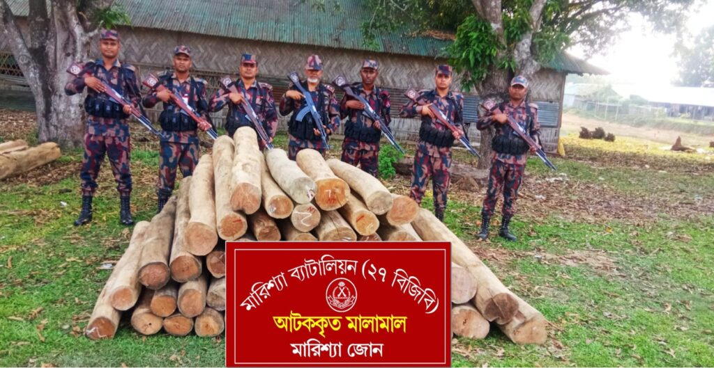 বাঘাইছড়িতে বিজিবির মারিশ্যা জোনের অভিযান: মালিকবিহীন অবৈধ সেগুন কাঠ জব্দ