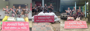 সিলেট সীমান্তে বিজিবির অভিযানে প্রায় ৩৭ লাখ টাকার চোরাচালানি পণ্য জব্দ