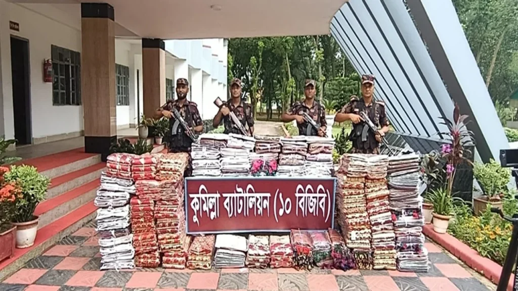 কুমিল্লার চৌদ্দগ্রামে ৬৮ লাখ টাকার ভারতীয় শাড়ি জব্দ করল বিজিবি