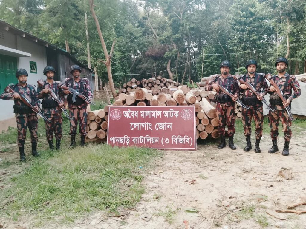 পার্বত্য চট্টগ্রামে বিজিবির পৃথক অভিযানে ৯৯ ঘনফুটের বেশি সেগুন-গামারি কাঠ জব্দ
